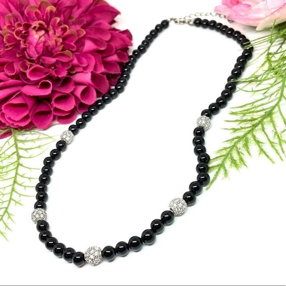 Vintage Jewelry - VINTAGE⚜️STERLING ONYX Polished Genuine Luxury Beaded Pavé Necklace